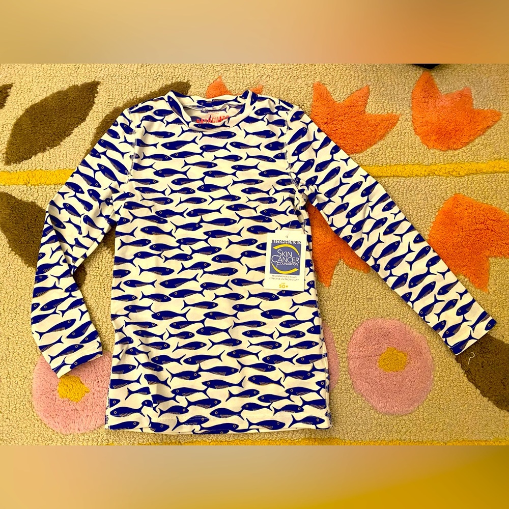Crewcuts girl blue and white fishes  rashguard. Size 6-7